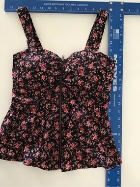 Black Floral Bodycon Padded Full Zip Thick Strap Cotton Sun Shirt Size Medium